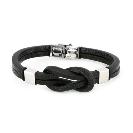 Bracelet made of black leather with double knot and white details made of stainless steel