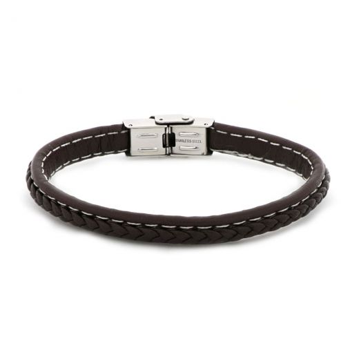 Bracelet made of brown leather flat with white seams