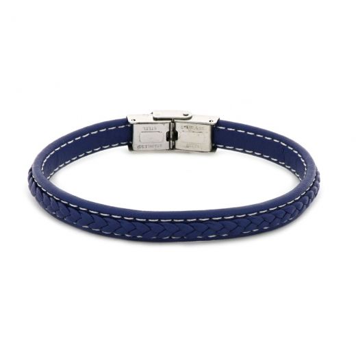Bracelet made of blue leather flat with white seams