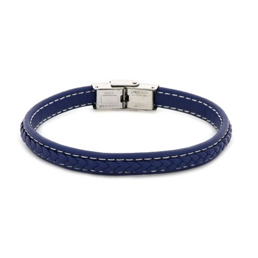 Bracelet made of blue leather flat with white seams