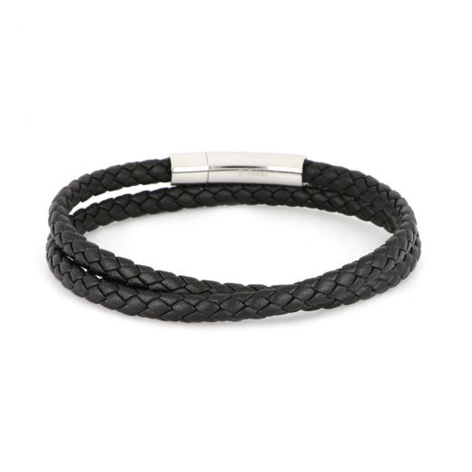 Bracelet made of black leather knitted round for double rotation