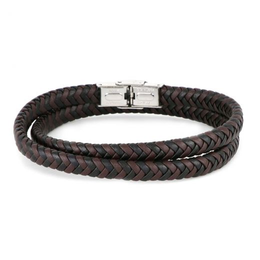 Bracelet made of leather two-tone black-brown knitted flat for double rotation