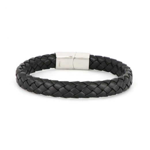 Bracelet made of black leather knitted in matte design
