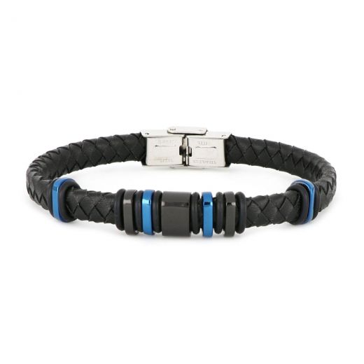 Bracelet made of black leather knitted with metallic black and blue details made of stainless steel