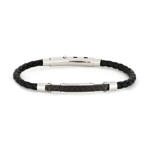 Bracelet made of round black leather and black embossed metal with white details from stainless steel