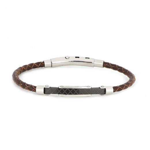 Bracelet made of round brown leather and black embossed metal with white details from stainless steel