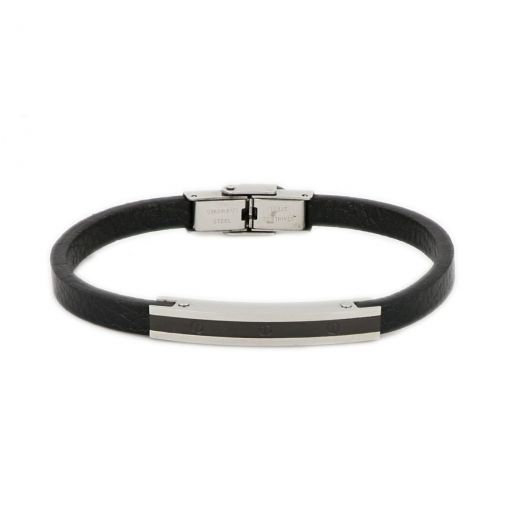 Bracelet made of black leather white plate with black line