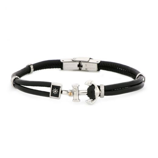 Bracelet made of black leather with white anchor from stainless steel and one discreet naval steering wheel