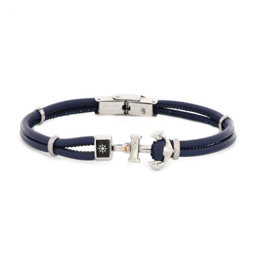 Bracelet made of blue leather with white anchor from stainless steel and one discreet naval steering wheel