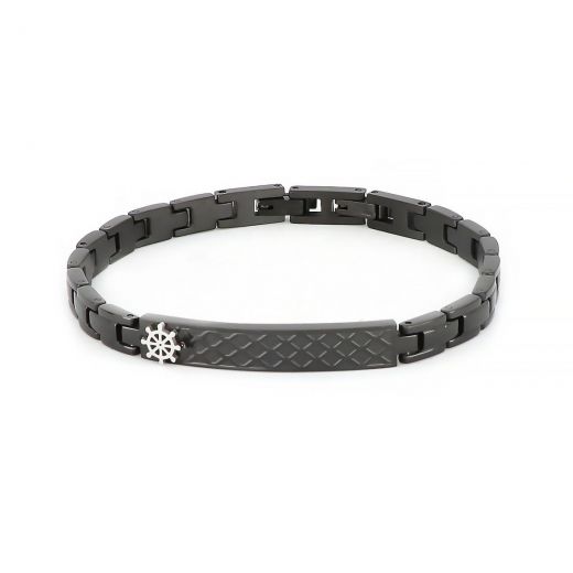 Bracelet made of black stainless steel in id style with white naval steering wheel