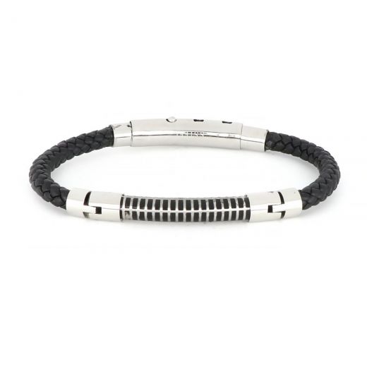 Bracelet with black leather and stainless steel