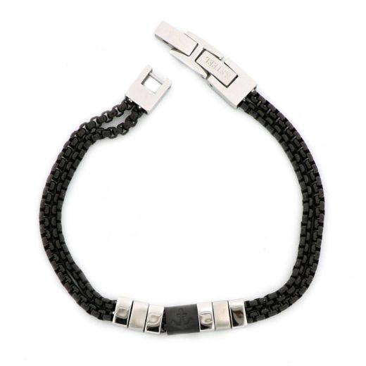 Bracelet made of stainless steel with black double chain with anchor
