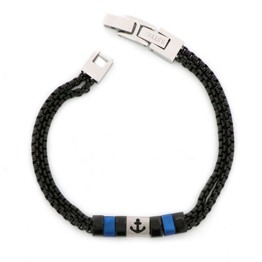 Bracelet made of stainless steel with black double chain with anchor and blue details