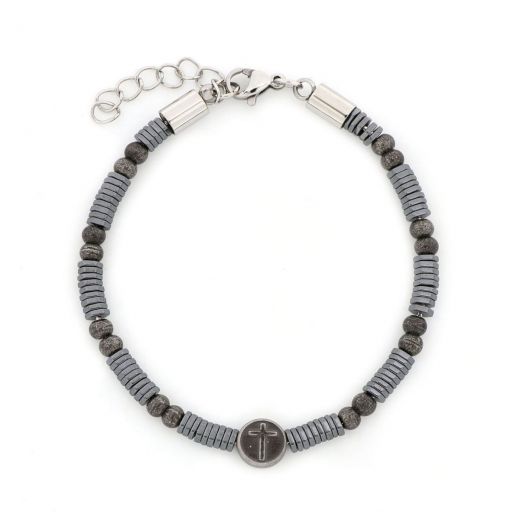 Bracelet made of stainless steel and hematite with cross