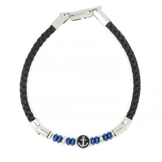 Bracelet made of black leather with metallic blue details and anchor made of stainless steel