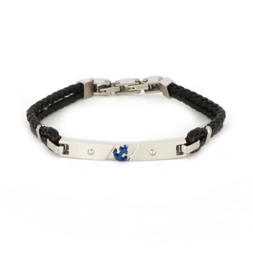 Bracelet made of double black leather with embossed plate made of stainless steel with blue anchor