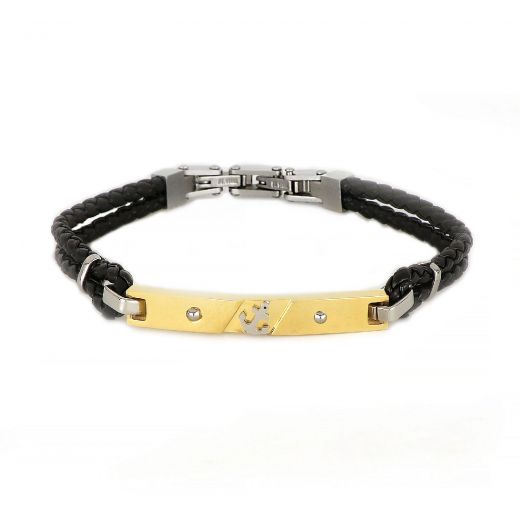 Bracelet made of double black leather with gold plated embossed stainless steel plate with white anchor