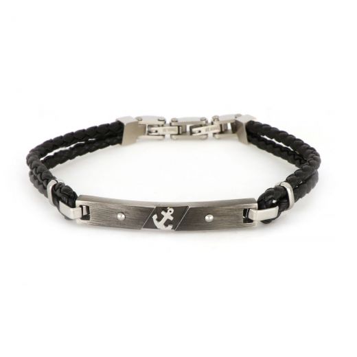 Bracelet made of double black leather with black embossed stainless steel plate with white anchor