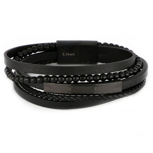Men's steel bracelet with black leathers, metal plate and black agate BR22149