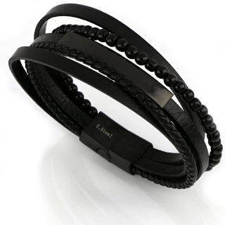 Men's steel bracelet with black leathers, metal plate and black agate BR22149 - 