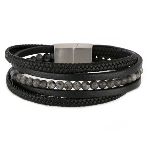 Men's steel bracelet with black leathers and gray jasper BR22150-11