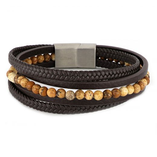Men's steel bracelet with brown leathers and brown jasper BR22150-12