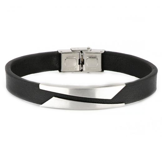 Men's steel bracelet with black leather BR22151