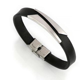 Men's steel bracelet with black leather BR22151 - 