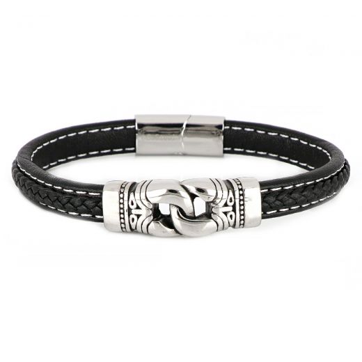 Men's steel bracelet with black leather BR22152-11