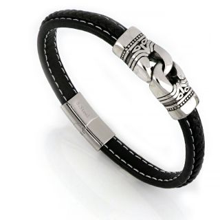 Men's steel bracelet with black leather BR22152-11 - 