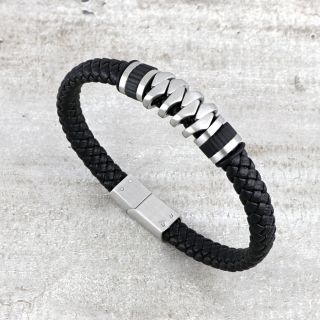 Men's steel bracelet with black leather BR22153-01 - 