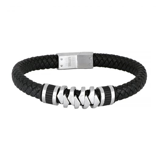 Men's steel bracelet with black leather BR22153-01