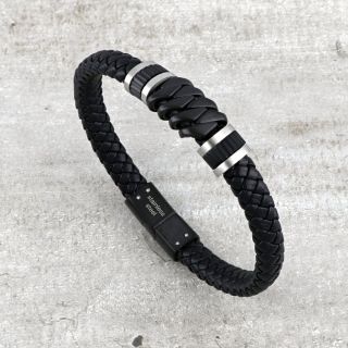 Men's steel black bracelet with black leather BR22153-04 - 