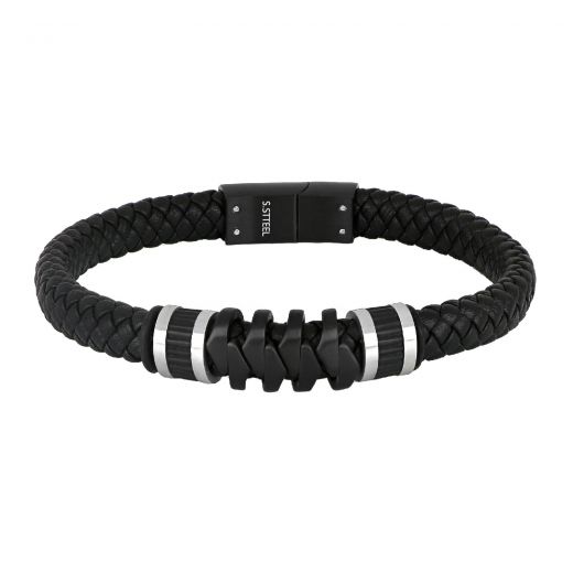 Men's steel black bracelet with black leather BR22153-04