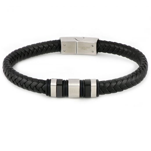 Men's steel bracelet with black leather BR22154