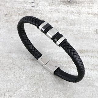 Men's steel bracelet with black leather BR22154 - 