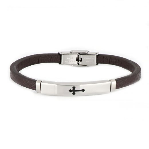 Men's steel bracelet with black leather and distinctive cross BR22155