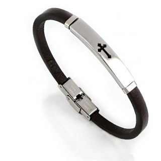 Men's steel bracelet with black leather and distinctive cross BR22155 - 