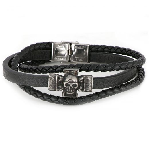 Men's steel bracelet with black leathers and a skull BR22156