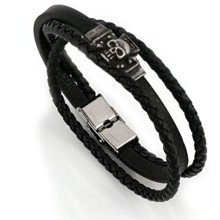 Men's steel bracelet with black leathers and a skull BR22156 - 