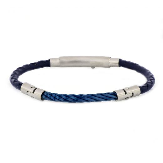 Bracelet made of blue leather with stainless steel cable
