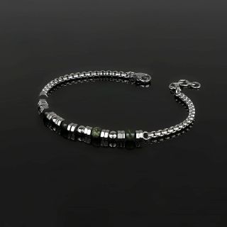 Men's stainless steel bracelet with chain, serpentine stones and steel elements - 