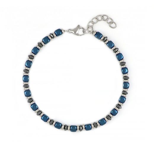 Men's stainless steel bracelet with blue hematite and steel elements