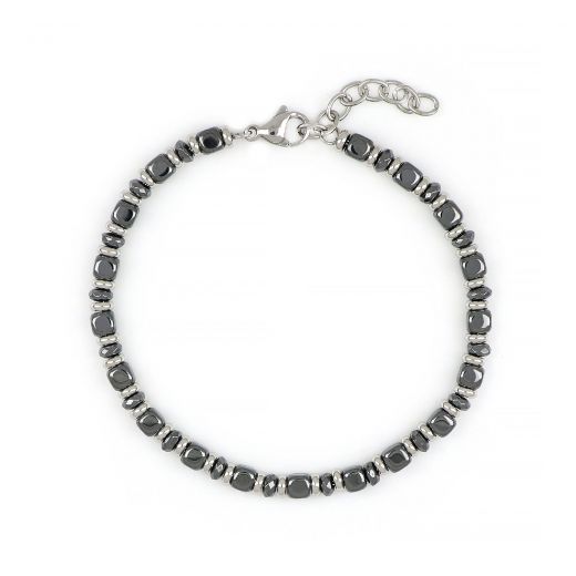 Men's stainless steel bracelet with hematite and steel elements