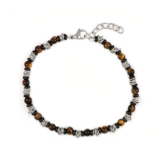 Men's stainless steel bracelet with yellow tiger eye and steel elements