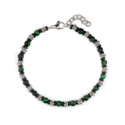 Men's stainless steel bracelet with green tiger eye and steel elements