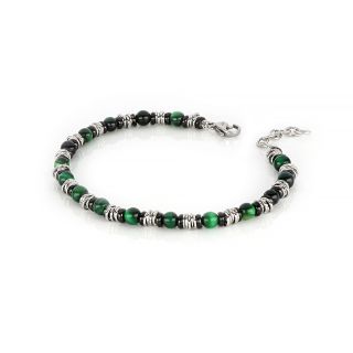 Men's stainless steel bracelet with green tiger eye and steel elements - 