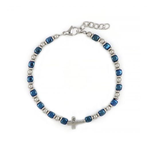 Men's stainless steel bracelet with blue hematite, balls and steel cross