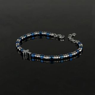 Men's stainless steel bracelet with blue hematite, balls and steel cross - 