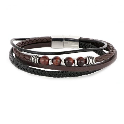 Men's brown black leather bracelet with steel clasp and agate